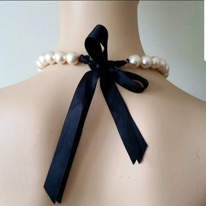 Ivory Faux Pearl Necklace with Black Ribbon